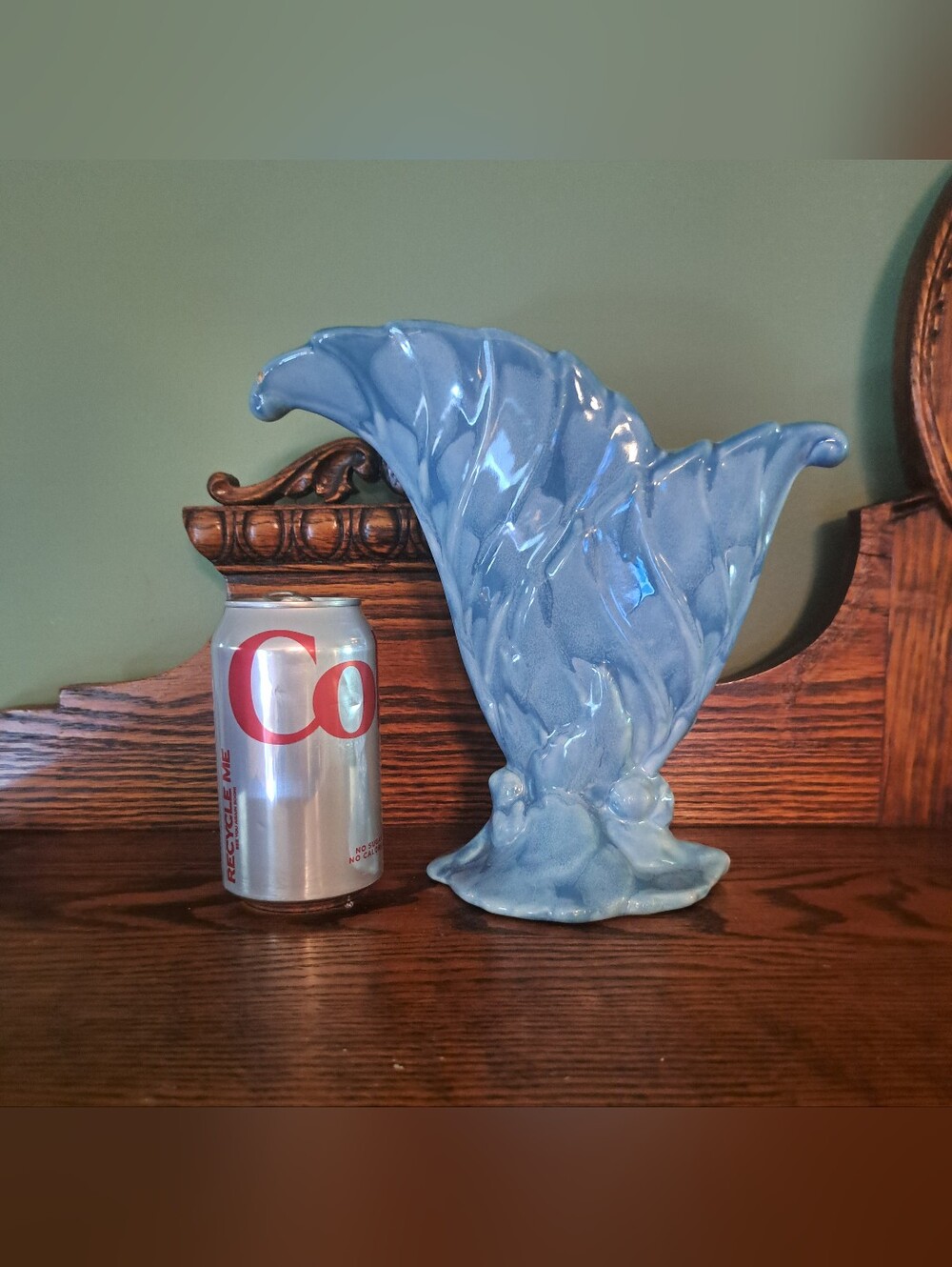 Vintage Royal Haeger R301 USA Cloudy Blue Leaf Fan Vase Planter MCM Art Pottery